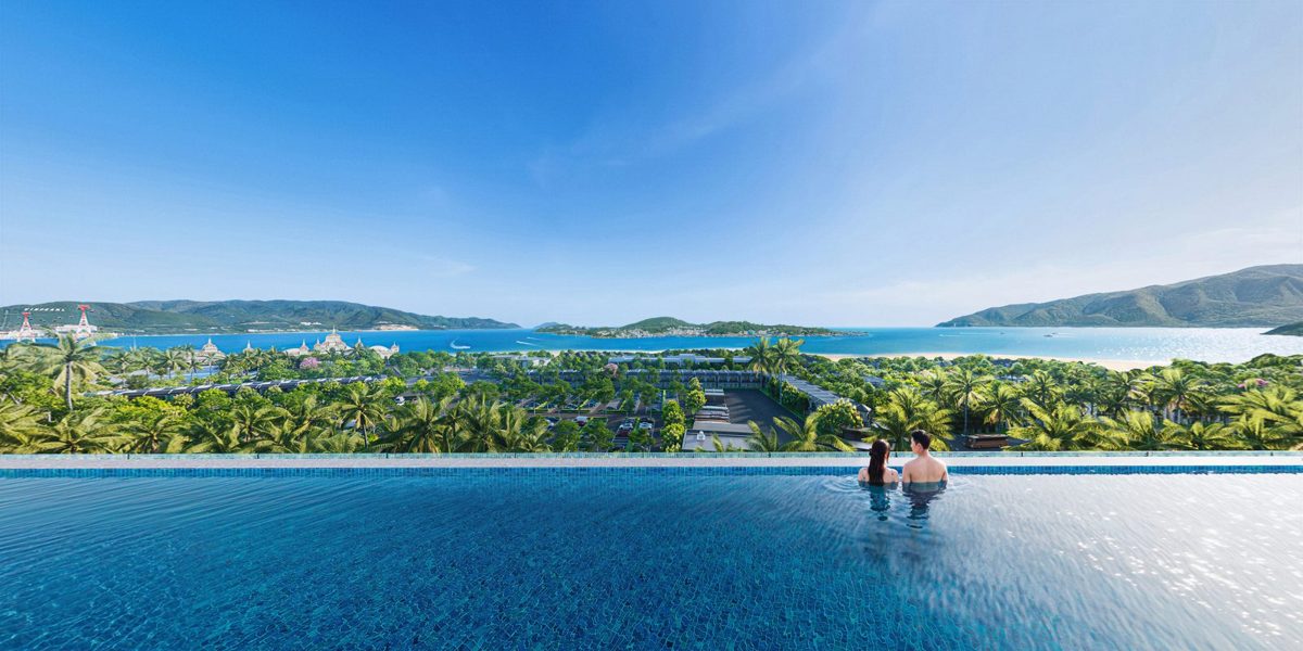 Phối cảnh hồ bơi vô cực hướng biển lúc hoàng hôn